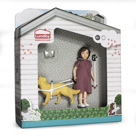 Niewidoma lalka z psem przewodnikiem zestaw, zabawka domek dla lalek Lundby