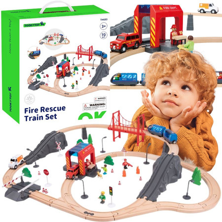 Tooky Toy Drewniana Kolejka Staż Pożarna Ambulans 70 el.