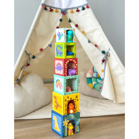 TOOKY TOY Drewniane Klocki Układanka Edukacyjna + 6 Figurek do zabawy 12 el.