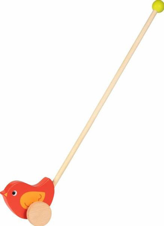 Drewniana zabawka na patyku do pchania Czerwony wróbelek Goki
