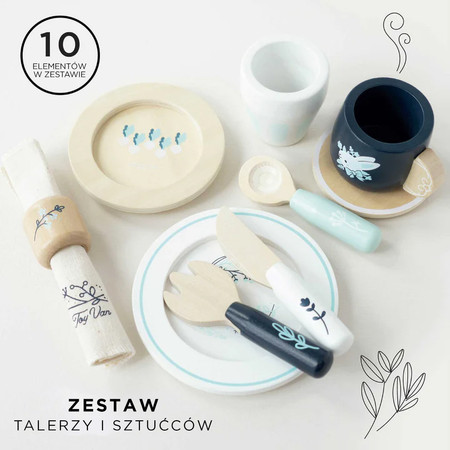 Drewniany zestaw obiadowy, akcesoria kuchenne dla dzieci zabawka Le Toy Van