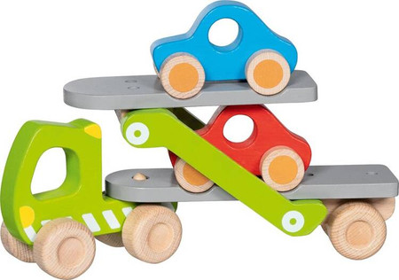 Transporter samochodowy laweta drewniana i 2 autka Goki 55860