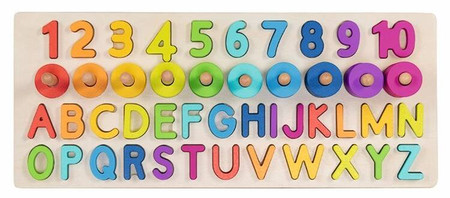 Drewniana układanka sorter nauka liczenia cyfr liter i kolorów Goki 58357 zabawka edukacyjna