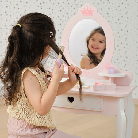 VIGA Duża Toaletka Drewniana Biało-Różowa z Lustrem i Krzesełkiem