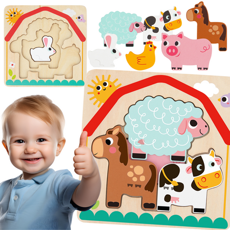 Tooky Toy Drewniane Puzzle Wielowarstwowe Tablica Zwierzątka na Farmie 7 el.