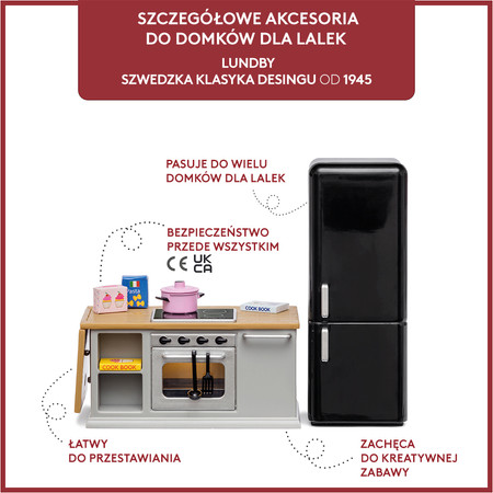 Zestaw mebli kuchennych do domku dla lalek, lodówka, kuchnia zabawka Lundby