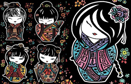 Notatnik Welwetowy A5 Laleczki Kokeshi