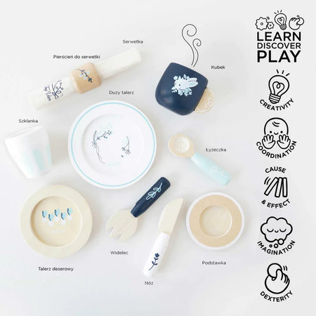 Drewniany zestaw obiadowy, akcesoria kuchenne dla dzieci zabawka Le Toy Van