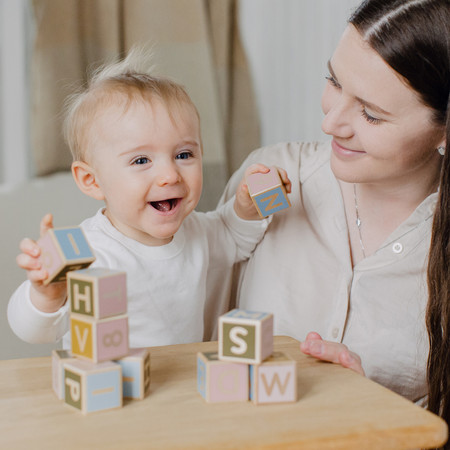 Klocki drewniane literki i cyferki dla dzieci, zestaw klocków, nauka, Micki