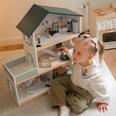 TOOKY TOY Duży Drewniany Domek dla Lalek + Figurki FSC