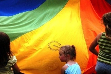 Tęczowa profesjonalna Chusta Animacyjna Akson 7m 36 uchwytów