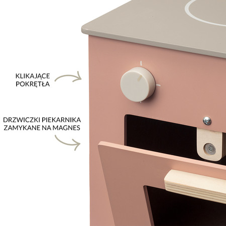 Różowa drewniana kuchenka dla dzieci, kuchnia, piekarnik gotowanie, Micki