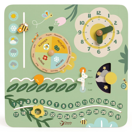 CLASSIC WORLD Drewniana Tablica edukacyjna "Mój pierwszy kalendarz i zegar" EN