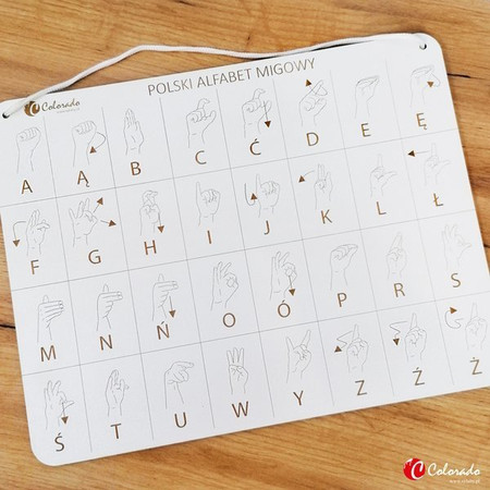 Drewniana tabliczka z polskim alfabetem migowym do zawieszenia