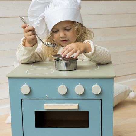 Niebieska drewniana kuchenka dla dzieci, kuchnia piekarnik gotowanie, Micki