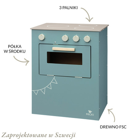 Niebieska drewniana kuchenka dla dzieci, kuchnia piekarnik gotowanie, Micki