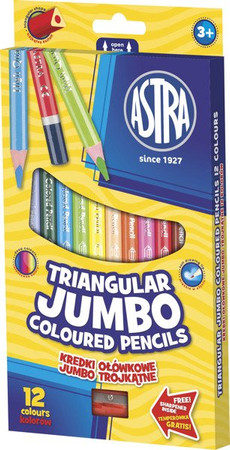 Kredki ołówkowe trójkątne jumbo Astra 12 kolorów + temperówka