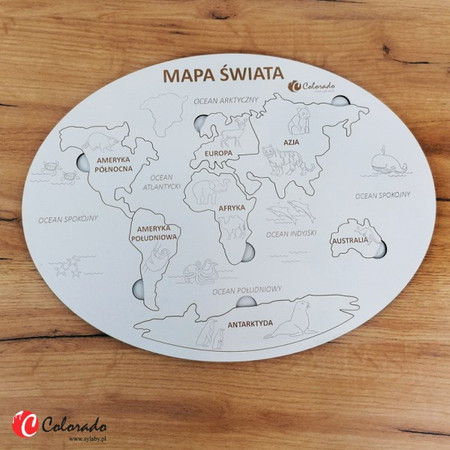 Drewniana mapa Świata kontynenty i oceany
