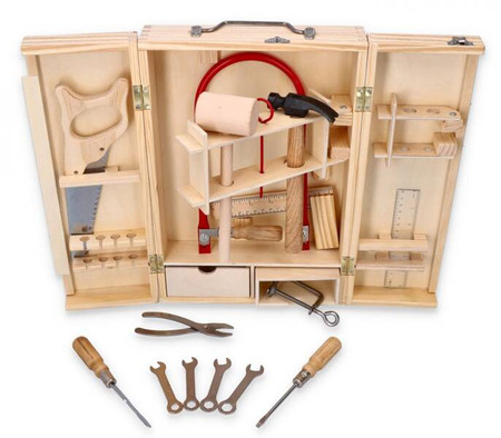 Drewniana walizka z półprofesjonalnymi narzędziami dla dziecka