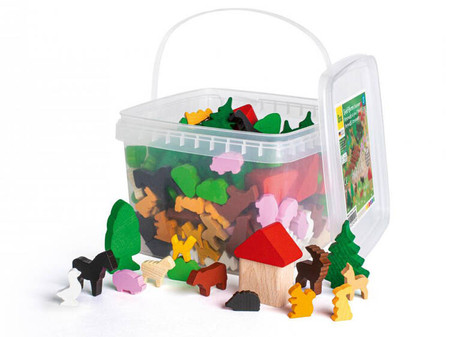 Drewniane figurki zwierząt drzew domów 200 elementów Erzi 41370 zestaw