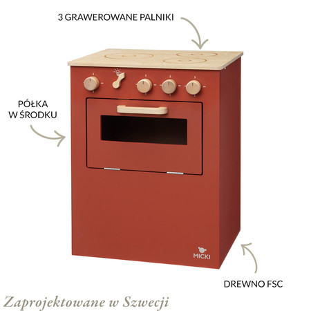 Czerwona drewniana kuchenka dla dzieci Premium, kuchnia, piekarnik, Micki