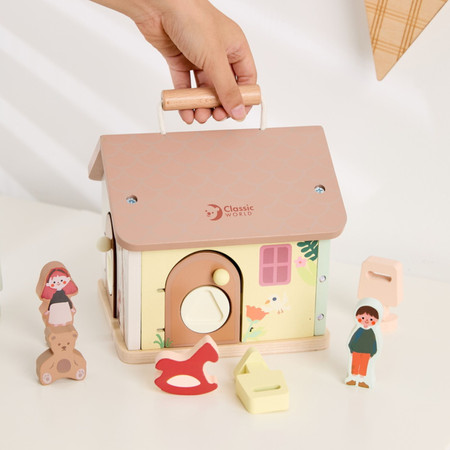 CLASSIC WORLD Drewniany Domek Sensoryczny Edukacyjny z Zamkami Kluczykami 11el.