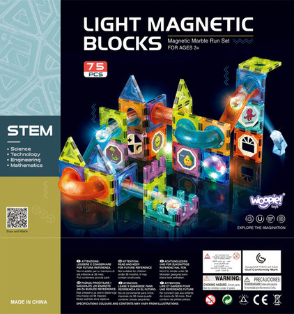 WOOPIE Klocki Magnetyczne Tor Kulkowy Świetlny 75 el.