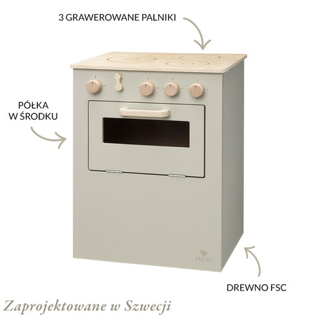 Beżowa drewniana kuchenka dla dzieci Premium, kuchnia, piekarnik, Micki