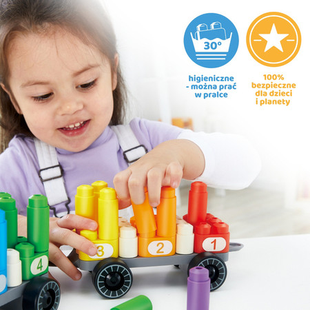 Klocki konstrukcyjne, tęczowy pociąg do liczenia, 63 el., 2+, PolyM