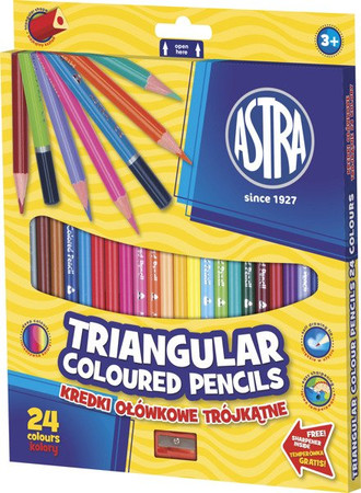 Kredki ołówkowe trójkątne Astra 24 kolory + temperówka