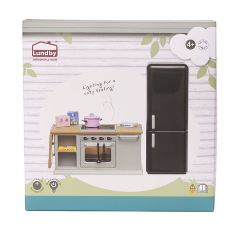 Zestaw mebli kuchennych do domku dla lalek, lodówka, kuchnia zabawka Lundby
