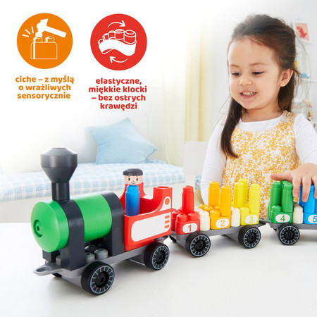 Klocki konstrukcyjne, tęczowy pociąg do liczenia, 63 el., 2+, PolyM