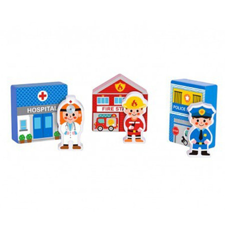 TOOKY TOY Drewniany Zestaw Budynków i Figurek Miasto Policja Szpital Remiza Policjant Doktor Strażak