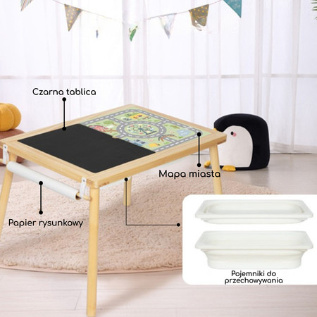WOOPIE GREEN Drewniany Stolik Aktywności 4w1 Tablica Kredowa Pojemniki Mapa Miasta Papier Rysunkowy