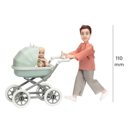 Lalka tata mężczyzna z dzieckiem i wózkiem zestaw, zabawka akcesoria Lundby