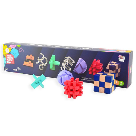 Zestaw IQ puzzle drewniane i metalowe łamigłówki logiczne 7w1