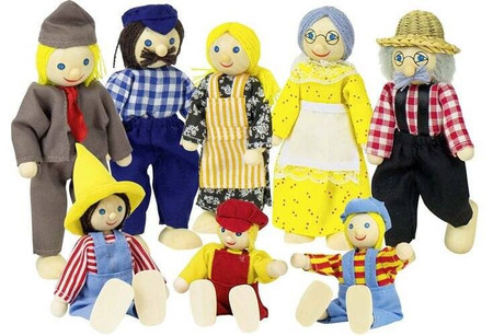 Duża farmerska rodzina, lalki drewniane, goki