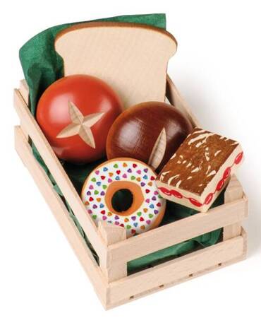 Bułki, rogale i inne, drewniane pieczywo w skrzyneczce, 28237-Erzi, zabawy w sklep dla dzieci
